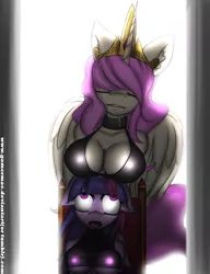 Size: 1000x1300 | Tagged: anthro, artist:gamermac, backlighting, boobhat, breasts, busty princess celestia, busty twilight sparkle, cleavage, derpibooru import, female, hornjob, lesbian, lip bite, motorboating, princess celestia, princess molestia, shipping, suggestive, twilestia, twilight sparkle, twilight sparkle (alicorn)