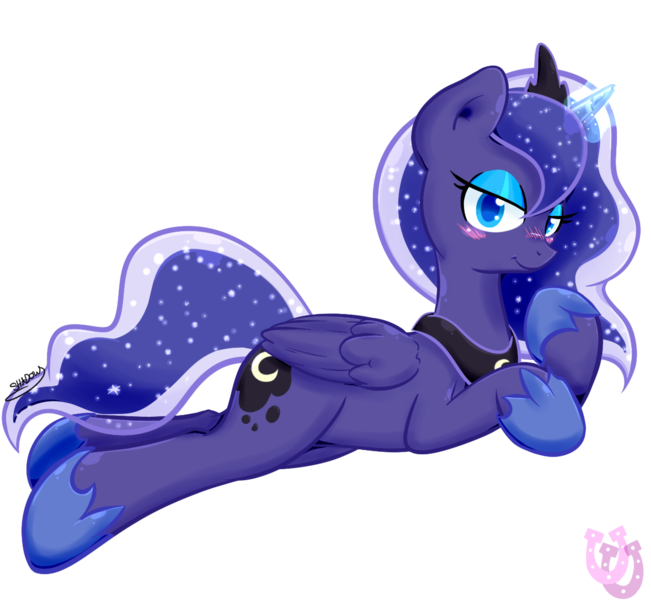 Size: 1180x1087 | Tagged: safe, artist:shadowhulk, derpibooru import, princess luna, bedroom eyes, blushing, magic, prone, simple background, solo