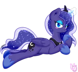 Size: 1180x1087 | Tagged: safe, artist:shadowhulk, derpibooru import, princess luna, bedroom eyes, blushing, magic, prone, simple background, solo