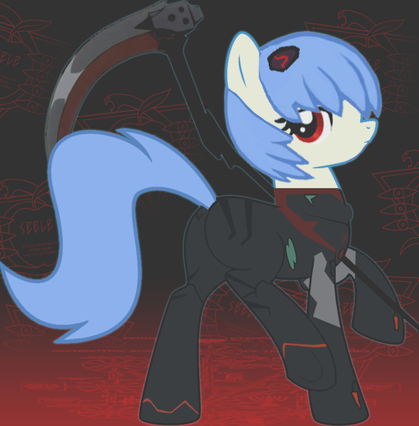 Size: 900x917 | Tagged: safe, artist:shadowmal1, derpibooru import, ponified, earth pony, pony, neon genesis evangelion, plugsuit, rebuild of evangelion, rei ayanami, rei q, scythe, solo