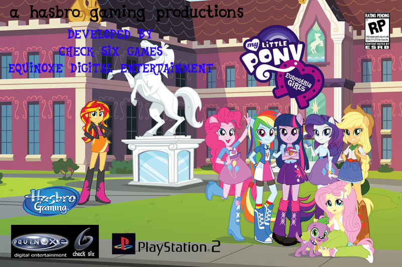 Size: 980x652 | Tagged: safe, derpibooru import, applejack, fluttershy, pinkie pie, rainbow dash, spike, sunset shimmer, twilight sparkle, dog, equestria girls, check six studios, equinox digital entertainment, exploitable meme, fake, hasbro gaming, meme, playstation 2, spike the dog