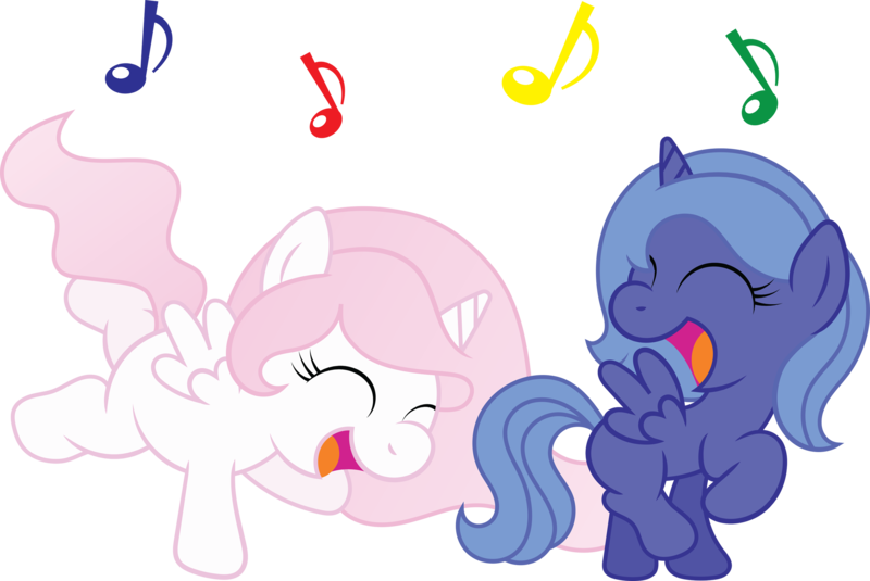 Size: 2629x1758 | Tagged: artist:t-3000, cewestia, derpibooru import, eyes closed, filly, music notes, princess celestia, princess luna, safe, simple background, woona, younger