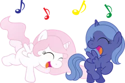 Size: 2629x1758 | Tagged: artist:t-3000, cewestia, derpibooru import, eyes closed, filly, music notes, princess celestia, princess luna, safe, simple background, woona, younger