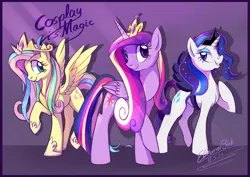 Size: 900x636 | Tagged: safe, artist:elbdot, derpibooru import, fluttershy, princess cadance, rarity, twilight sparkle, twilight sparkle (alicorn), alicorn, pony, alternate hairstyle, bedroom eyes, clothes, costume, fake horn, fake wings, female, grin, looking at you, lunarity, mare, shylestia, smiling