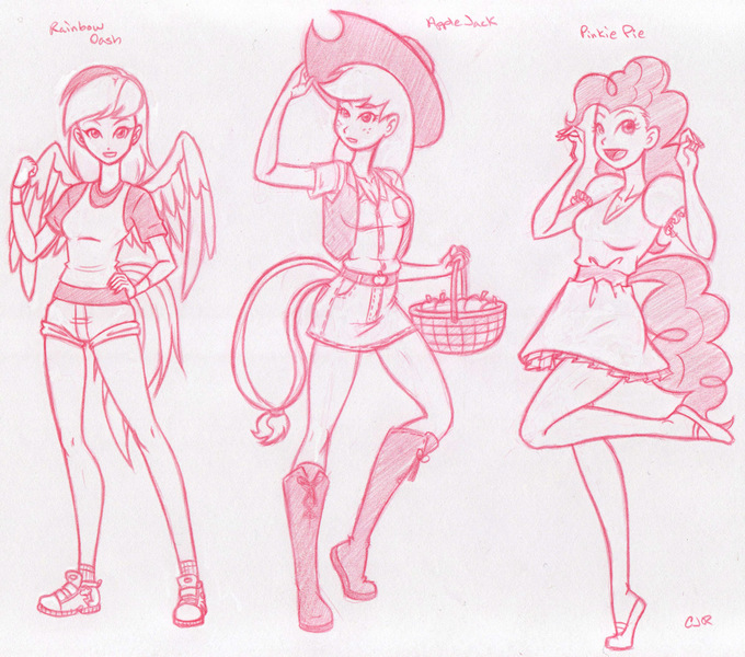 Size: 1200x1059 | Tagged: safe, artist:x-cross, derpibooru import, applejack, pinkie pie, rainbow dash, human, humanized, monochrome, tailed humanization, winged humanization