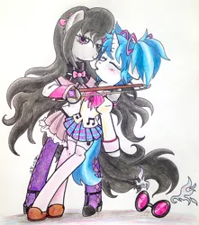 Size: 900x1017 | Tagged: safe, artist:oriwhitedeer, derpibooru import, octavia melody, vinyl scratch, semi-anthro, cello strings, clothes, crossover, dress, female, homura akemi, lesbian, looking at you, madoka kaname, puella magi madoka magica, scratchtavia, shipping, traditional art