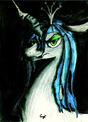 Size: 3151x4364 | Tagged: artist:qwixthetrappedone, derpibooru import, portrait, queen chrysalis, safe, solo, traditional art