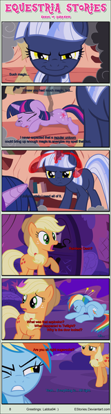 Size: 1004x3753 | Tagged: safe, artist:estories, derpibooru import, applejack, rainbow dash, twilight sparkle, oc, oc:silverlay, unicorn, comic:seeds of darkness, comic, golden oaks library, possessed, unicorn twilight, wrong eye color