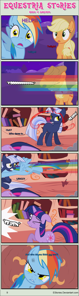 Size: 1004x3753 | Tagged: safe, artist:estories, derpibooru import, applejack, rainbow dash, twilight sparkle, oc, oc:silverlay, unicorn, comic:seeds of darkness, comic, golden oaks library, unicorn twilight