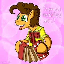 Size: 1280x1280 | Tagged: safe, artist:omnifob, derpibooru import, cheese sandwich, accordion, clothes, happy, hoof hold, musical instrument, open mouth, school uniform, senpai, senpai noticed me, smiling, solo, sparkles, wingding eyes