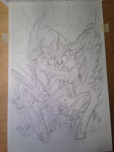 Size: 852x1136 | Tagged: artist:andypriceart, catfight, cover, derpibooru import, evil celestia, evil luna, evil sisters, idw, lineart, princess celestia, princess luna, safe, spoiler:comic, traditional art, wip