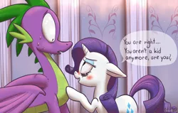 Size: 2987x1902 | Tagged: safe, artist:draneas, artist:vanripper, derpibooru import, rarity, spike, fanfic, fanfic:like fine wine, :o, bedroom eyes, blushing, colored, crying, dialogue, fanfic art, female, flirting, floppy ears, imminent sex, male, mascara, older, older spike, running makeup, shipping, sparity, straight, sweat, wide eyes, winged spike