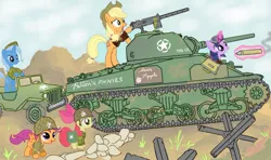 Size: 1285x759 | Tagged: apple bloom, applejack, army, artist:colorcopycenter, clothes, derpibooru import, glowing horn, goggles, gun, jeep, m4 sherman, machine gun, magic, military uniform, safe, scootaloo, tank (vehicle), telekinesis, trixie, twilight sparkle, us army, war, weapon, world war ii