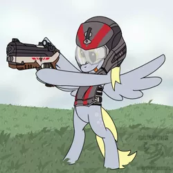 Size: 3240x3240 | Tagged: safe, artist:spazzymcnugget, derpibooru import, derpy hooves, pony, armor, bipedal, gun, helmet, planetside, planetside 2, solo, terran republic, this will end in tears, tongue out
