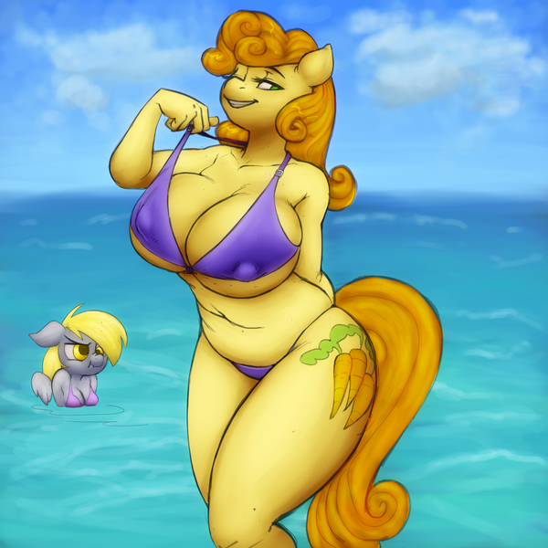 Size: 1200x1200 | Tagged: questionable, artist:kevinsano, derpibooru import, edit, carrot top, derpy hooves, golden harvest, anthro, big breasts, bikini, breast envy, breasts, busty carrot top, chubby, clothes, curvy, female, plump, scrunchy face, swimsuit