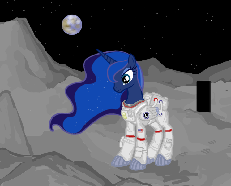 Size: 1120x900 | Tagged: 2001: a space odyssey, artist:colorcopycenter, astronaut, crater, monolith, moon, princess luna, safe, solo, space, spacesuit