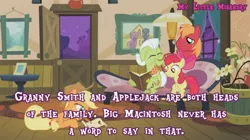 Size: 500x280 | Tagged: apple bloom, applejack, big macintosh, edit, forced meme, granny smith, meme, meta, my little misandry, parody, parody fail, safe, screencap, text