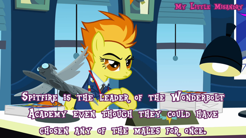 Size: 500x281 | Tagged: safe, derpibooru import, edit, edited screencap, screencap, spitfire, pegasus, pony, wonderbolts academy, desk, forced meme, lamp, meme, meta, my little misandry, office, paperwork, parody, parody fail, solo, text, window