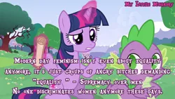 Size: 500x281 | Tagged: caption, derpibooru import, edit, edited screencap, forced meme, meme, meta, mouthpiece, my little misandry, parody, parody fail, safe, screencap, spike, text, twilight sparkle, vulgar