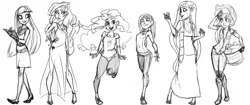 Size: 3800x1600 | Tagged: applejack, artist:thelivingmachine02, basket, boots, clothes, derpibooru import, doodle, dress, flower, flower in hair, fluttershy, grayscale, human, humanized, line-up, long skirt, mane six, monochrome, pinkie pie, rainbow dash, rarity, safe, shoes, simple background, skirt, twilight sparkle, white background