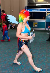 Size: 1365x2000 | Tagged: 2012, artist needed, bikini top, convention, cosplay, derpibooru import, feet, flip-flops, human, irl, irl human, nail polish, photo, rainbow dash, safe, sandals, san diego comic con, sdcc 2012