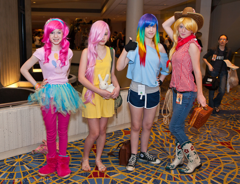 Size: 2000x1532 | Tagged: 2012, applejack, artist needed, bandana, clothes, convention, converse, cosplay, derpibooru import, fingerless gloves, fluttershy, gloves, human, irl, irl human, momocon, momocon 2012, photo, pinkie pie, plushie, rainbow dash, safe, tutu