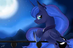 Size: 3000x2000 | Tagged: safe, artist:nobody47, derpibooru import, princess luna, alicorn, pony, balcony, cute, looking at you, lunabetes, moon, night, solo, stars, wing fluff