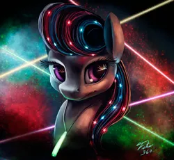 Size: 1500x1378 | Tagged: safe, artist:tsitra360, derpibooru import, octavia melody, earth pony, pony, abstract background, bedroom eyes, bust, fluffy, glowstick, party, portrait, rave, rays, reflection, smiling, solo, sparkles, update