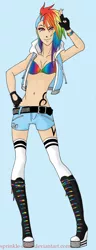 Size: 666x1729 | Tagged: artist:sprinkle-chan, bikini top, clothes, converse, derpibooru import, fingerless gloves, gloves, human, humanized, midriff, rainbow dash, safe, shoes, shorts, solo, tattoo