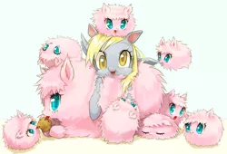 Size: 1232x836 | Tagged: dead source, safe, artist:tonito, derpibooru import, derpy hooves, oc, oc:fluffle puff, pegasus, pony, :p, :t, cute, derpabetes, eyes closed, female, flufflebetes, fluffy, frown, licking, looking at you, mare, muffin, multeity, nom, on back, open mouth, pixiv, prone, scrunchy face, sleeping, smiling, tongue out, upside down, weapons-grade cute, wide eyes