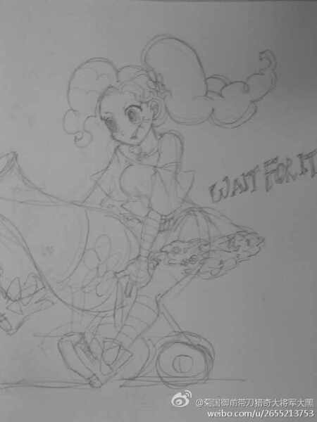 Size: 640x853 | Tagged: safe, artist:daikoku, derpibooru import, pinkie pie, human, chinese text, clothes, humanized, manegirls, monochrome, off shoulder, party cannon, sketch, solo, traditional art