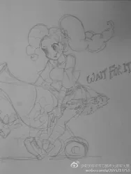 Size: 640x853 | Tagged: safe, artist:daikoku, derpibooru import, pinkie pie, human, chinese text, clothes, humanized, manegirls, monochrome, off shoulder, party cannon, sketch, solo, traditional art