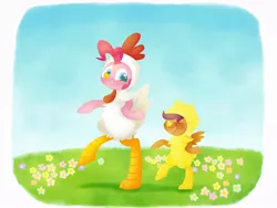 Size: 1024x768 | Tagged: safe, artist:doqwor, derpibooru import, pinkie pie, scootaloo, pony, animal costume, bipedal, chick, chicken pie, chicken suit, clothes, costume, cute, cutealoo, diapinkes, duo, scootachicken