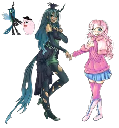 Size: 2600x2800 | Tagged: safe, artist:magico-enma, derpibooru import, queen chrysalis, oc, oc:fluffle puff, changeling, changeling queen, human, canon x oc, chrysipuff, clothes, cute, cutealis, flufflebetes, goth, hat, high res, horned humanization, humanized, pose, shipping, simple background, sombrero, stockings, tailed humanization, tongue out, transparent background, wink