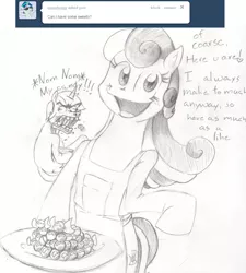 Size: 900x998 | Tagged: safe, artist:cheasyman, derpibooru import, bon bon, lyra heartstrings, sweetie drops, earth pony, pony, ask housewife bonbon, ask, female, housewife, lineart, mare, monochrome, traditional art, tumblr