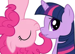 Size: 4160x3001 | Tagged: absurd resolution, artist:ambassad0r, boop, derpibooru import, eyes closed, frown, looking at you, noseboop, nose wrinkle, pinkie pie, safe, scrunchy face, simple background, smiling, :t, transparent background, twilight sparkle, upside down, vector