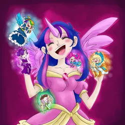 Size: 2001x2012 | Tagged: applejack, artist:himram, chibi, clothes, coronation dress, derpibooru import, dress, fluttershy, happy, horned humanization, human, humanized, magical mystery cure, mane six, micro, pinkie pie, rainbow dash, rarity, safe, size difference, smiling, twilight sparkle, twilight sparkle (alicorn), winged humanization, wings