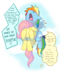 Size: 3802x4545 | Tagged: safe, artist:joehnna, derpibooru import, fluttershy, rainbow dash, pegasus, pony, 2013, carrying, dialogue, duo, female, filly, fluttershy being fluttershy, flying, flying lesson, holding a pony, scared, younger