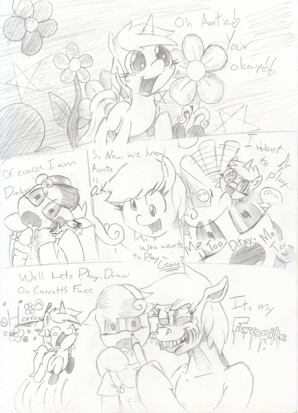 Size: 1000x1383 | Tagged: safe, artist:cheasyman, derpibooru import, carrot top, derpy hooves, dinky hooves, golden harvest, pegasus, pony, ask housewife bonbon, ask, female, mare, monochrome, traditional art, tumblr