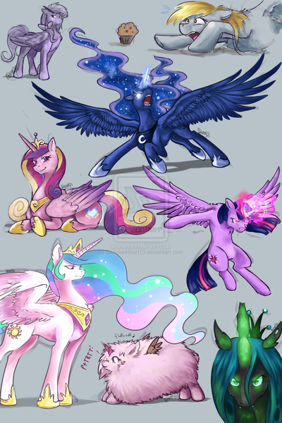 Size: 1024x1536 | Tagged: dead source, safe, artist:oblivionheart13, derpibooru import, derpy hooves, princess cadance, princess celestia, princess luna, queen chrysalis, twilight sparkle, twilight sparkle (alicorn), oc, oc:fluffle puff, alicorn, pony, alicornified, angry, deviantart watermark, female, flufflecorn, glowing eyes, glowing horn, magic, mare, muffin, obtrusive watermark, open mouth, race swap, sketch dump, watermark