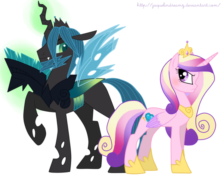 Size: 900x729 | Tagged: safe, artist:jaquelindreamz, derpibooru import, princess cadance, queen chrysalis, alicorn, changeling, pony, :c, blushing, changeling king, frown, king metamorphosis, rule 63, simple background, transparent background