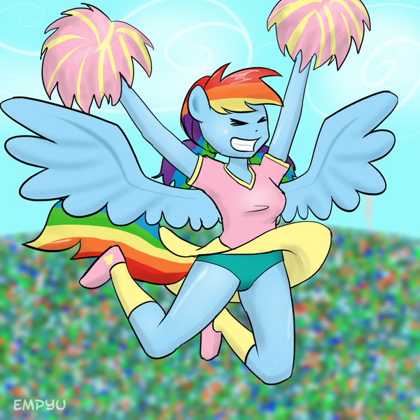 Size: 1000x1000 | Tagged: suggestive, artist:empyu, derpibooru import, rainbow dash, anthro, alternate hairstyle, breasts, cheerleader, clothes, cute, dashabetes, eyes closed, female, green underwear, legs, miniskirt, panties, pigtails, pom pom, shoes, skirt, skirt lift, socks, solo, solo female, thighs, underwear, upskirt