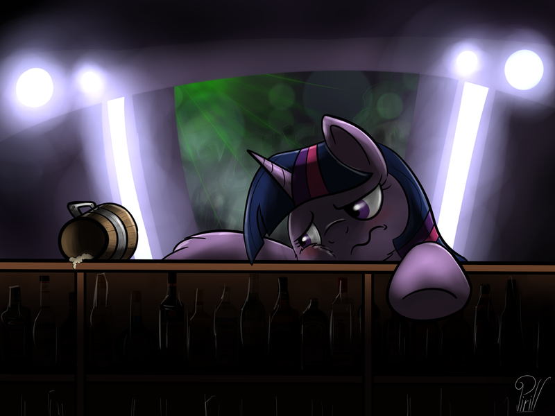 Size: 4000x3000 | Tagged: safe, artist:pirill, derpibooru import, twilight sparkle, pony, alcohol, bar, blushing, drunk, drunk twilight, female, frown, mare, mug, sad, solo, tankard, wavy mouth