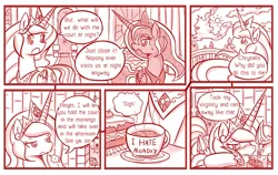 Size: 800x506 | Tagged: safe, artist:vavacung, derpibooru import, princess celestia, princess luna, alicorn, pony, comic:when villain win, cake, coffee, comic, female, mare, monochrome