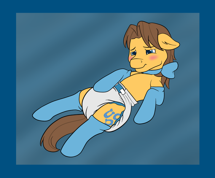 Size: 1325x1097 | Tagged: artist:steel, blue, blushing, bow, caramel, clothes, cute, derpibooru import, diaper, diaper fetish, embarrassed, male, on back, poofy diaper, questionable, socks, solo, solo male