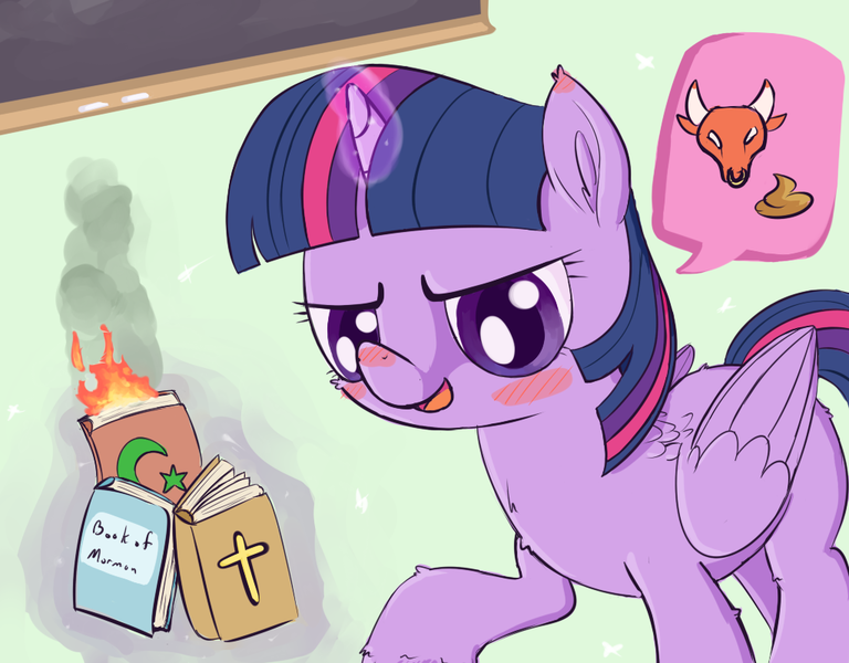 Size: 1024x800 | Tagged: safe, artist:a6p, derpibooru import, twilight sparkle, twilight sparkle (alicorn), alicorn, bull, pony, antitheism, bible, book, book burning, bullshit, chalk, chalkboard, christianity, crescent, cross, fire, islam, magic, mormonism, mouthpiece, poop, qur'an, reaction image, religion, solo, stars