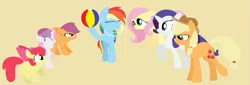 Size: 1023x347 | Tagged: apple bloom, applejack, artist:violetandblaire, bad pun, beach, beach ball, beach volleyball, blowing, blowing whistle, derpibooru import, eyes closed, fluttershy, rainblow dash, rainbow dash, rarity, referee, referee rainbow dash, safe, scootaloo, sports, sweetie belle, volleyball, whistle