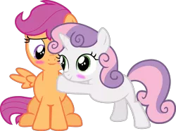 Size: 3000x2239 | Tagged: artist:incognito-i, blushing, derpibooru import, safe, scootabelle, scootaloo, shipping, simple background, sweetie belle, transparent background, vector