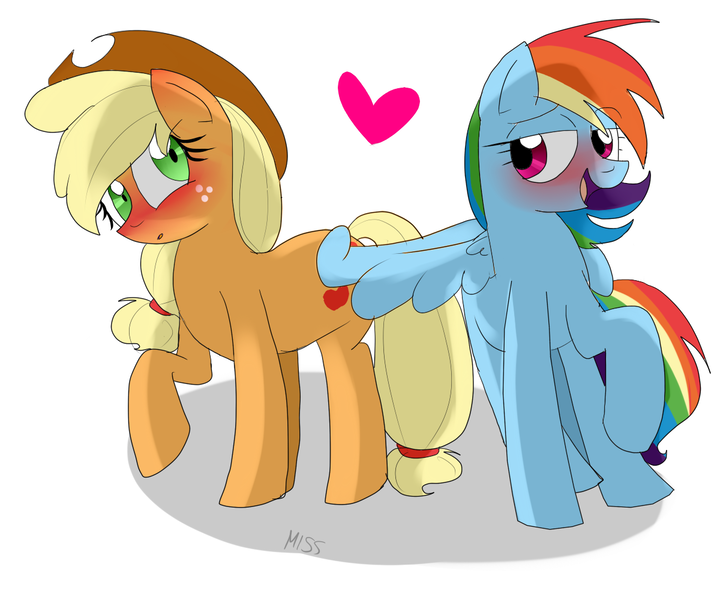 Size: 1200x1000 | Tagged: safe, artist:misspolycysticovary, derpibooru import, applejack, rainbow dash, earth pony, pegasus, pony, :o, appledash, bedroom eyes, blushing, butt touch, feathermarking, female, heart, lesbian, never doubt tchernobog's involvement, open mouth, raised hoof, shipping, smiling