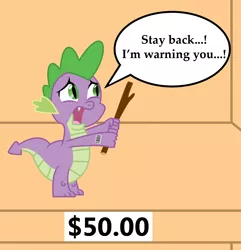 Size: 1018x1055 | Tagged: anti-bronybait, artist:vincentthecrow, barcode, bronybait, derpibooru import, dragon, fear, for sale, part of a set, ponies for sale, price tag, safe, solo, speech bubble, spike, stick